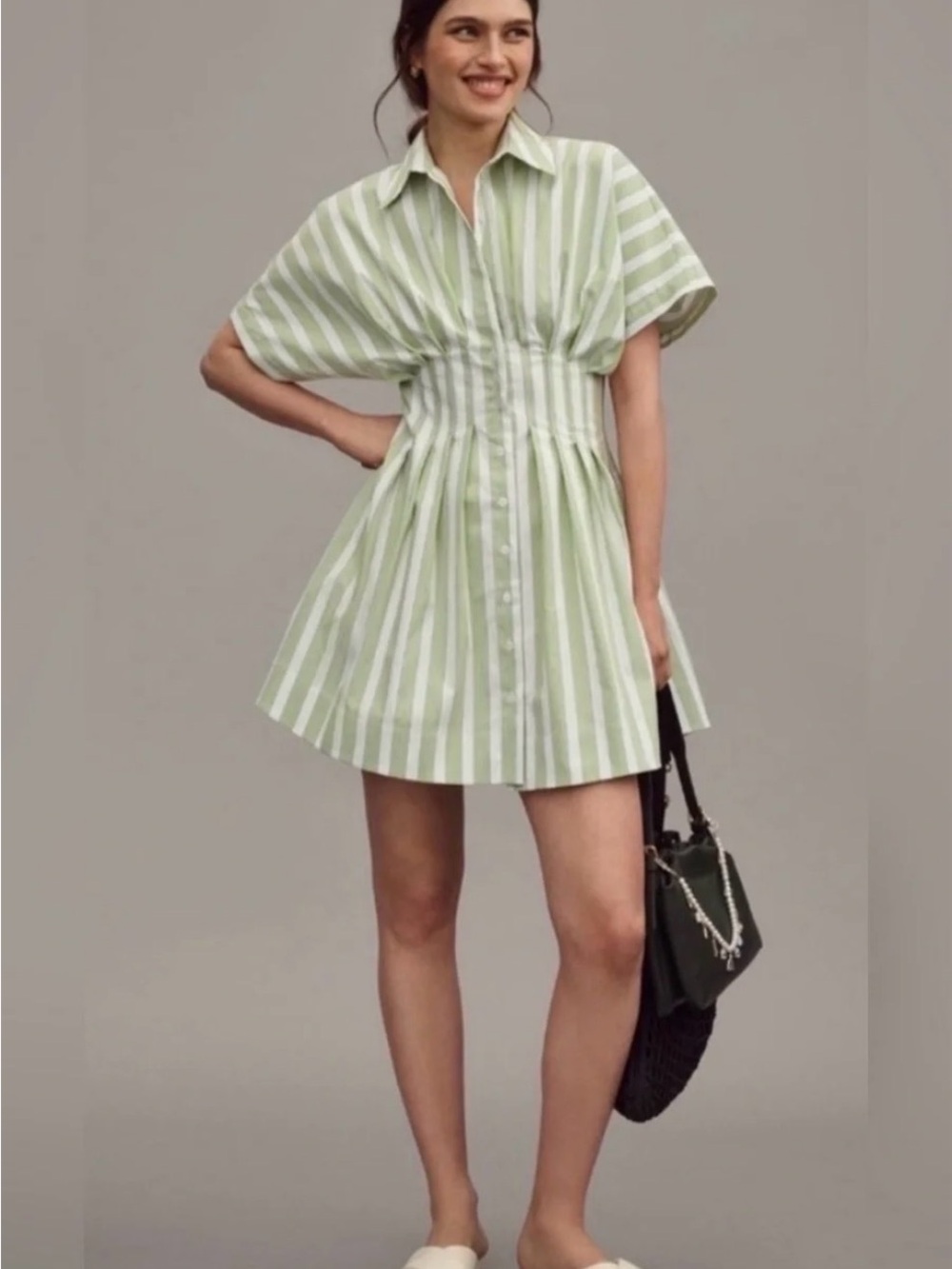 Exquise Rhea Green Striped Corset Waist Shirt Dress XS